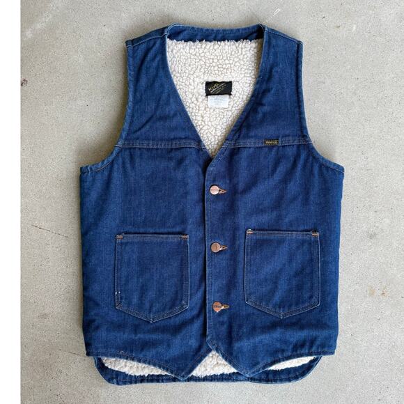 Vintage 70s Denim Sherpa Lined Western Maverick Automaticks 3YL20NV Vest Small - Picture 1 of 8